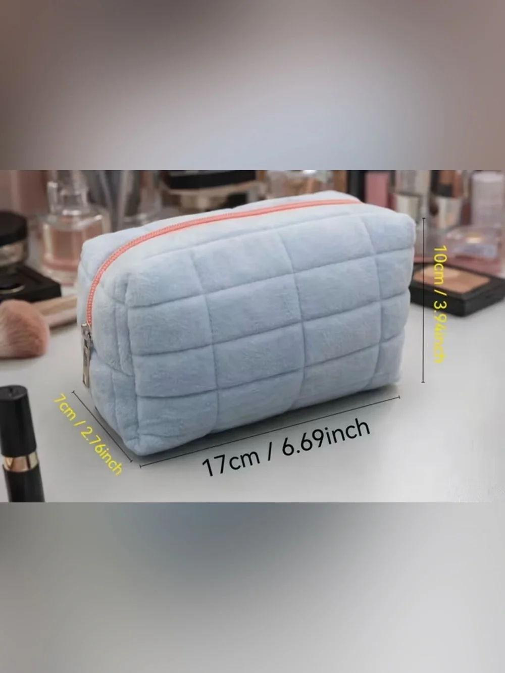 Suede Quilted Cosmetic Pouches - Cream and Blue 2 for $10